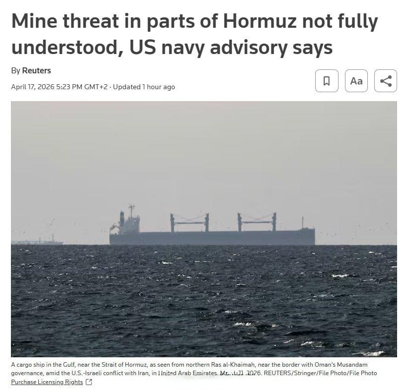 据路透社报道，美国海军向己方海员发布的一份通告警告称，霍尔木兹海峡部分区域内水雷