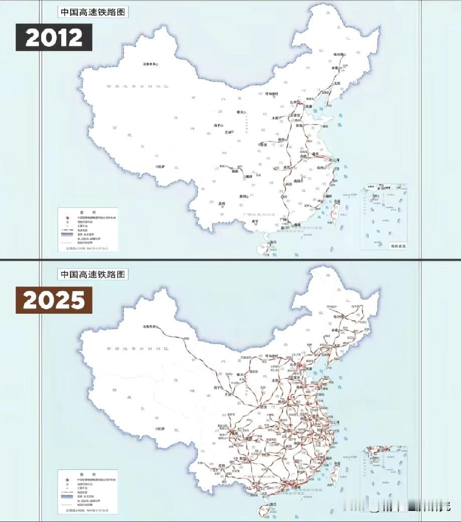 中国高铁最近十多年发展变化情况示意图，图片里属于2012年中国高铁网络线与202