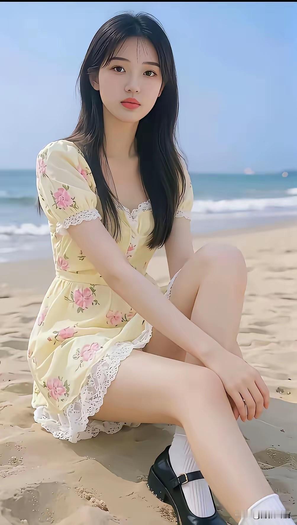 夏日沙滩少女，清新甜美穿搭，海风轻拂，自在悠然。