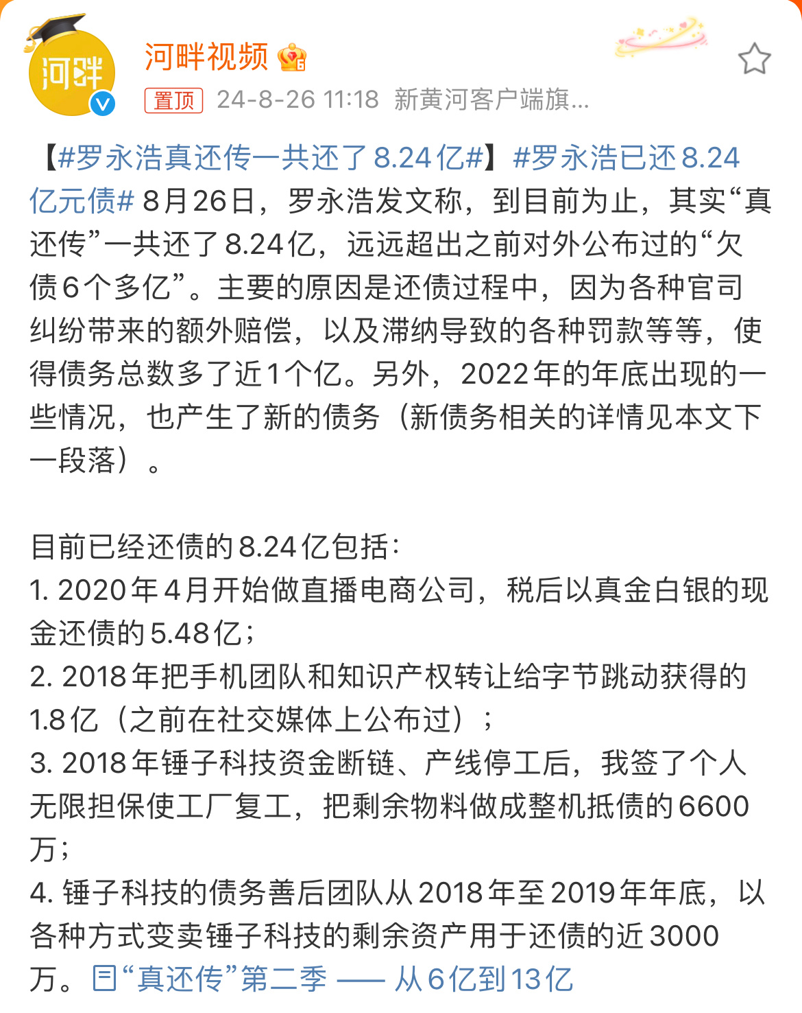 #罗永浩真还传一共还了8.24亿#老罗负债13亿多，还了8个多亿，不是当初的6亿