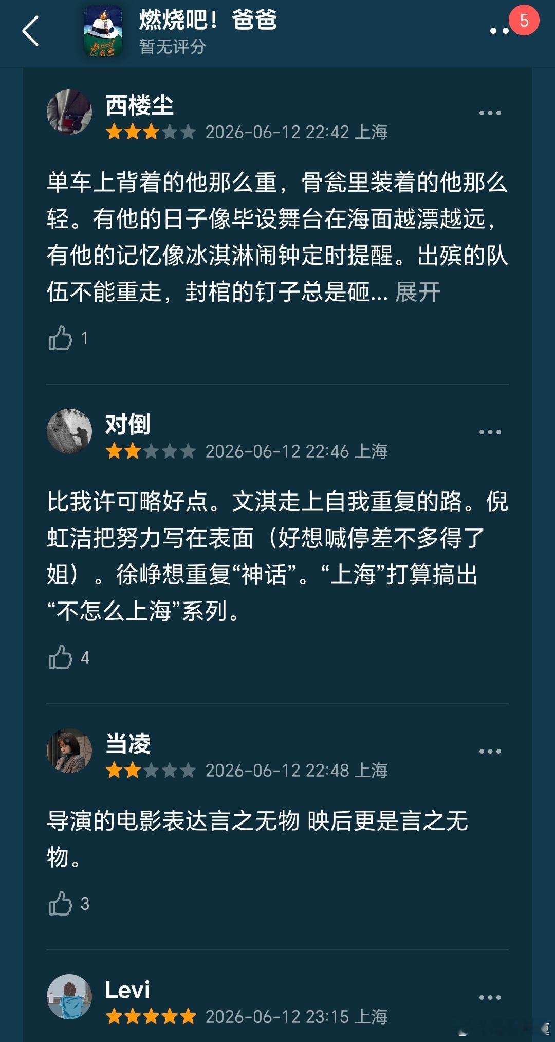 电影《燃烧吧爸爸》作为今年上影节主竞赛第一部华语片放映，顺利结束，看看豆瓣评价满