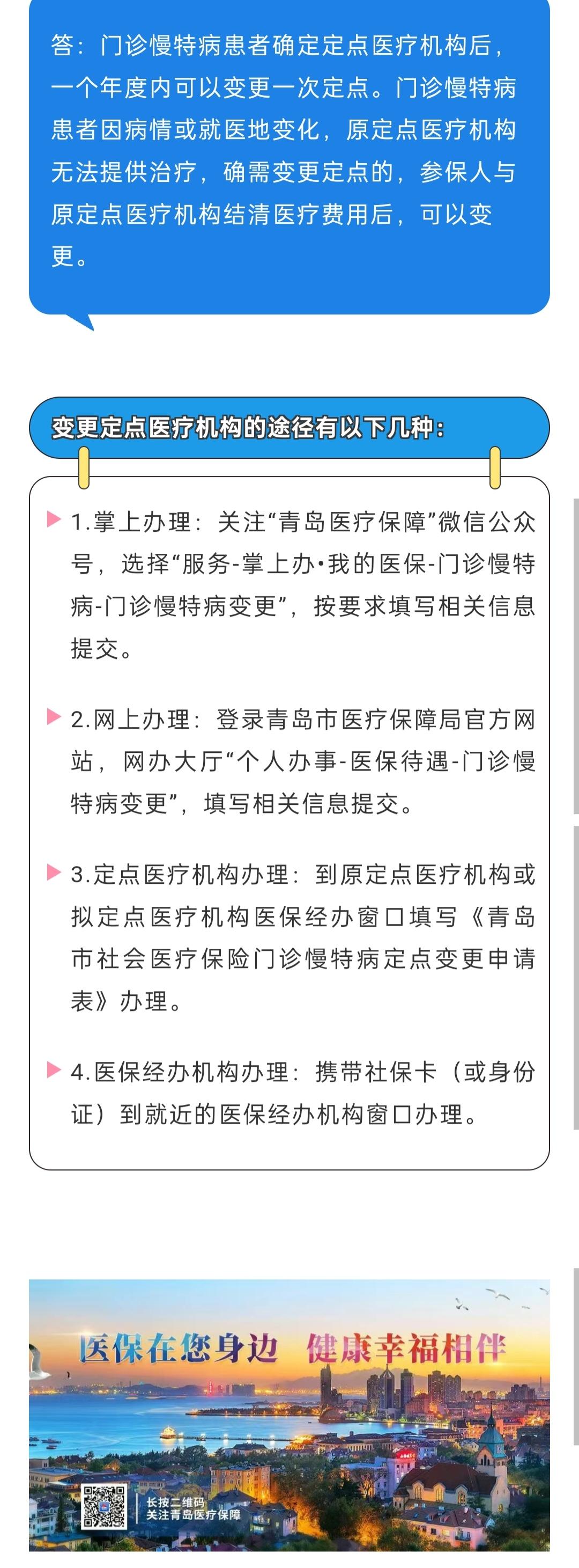 青岛市参保人员门诊慢特病患者确定定点医疗机构后，一个年度内可以变更一次定点。