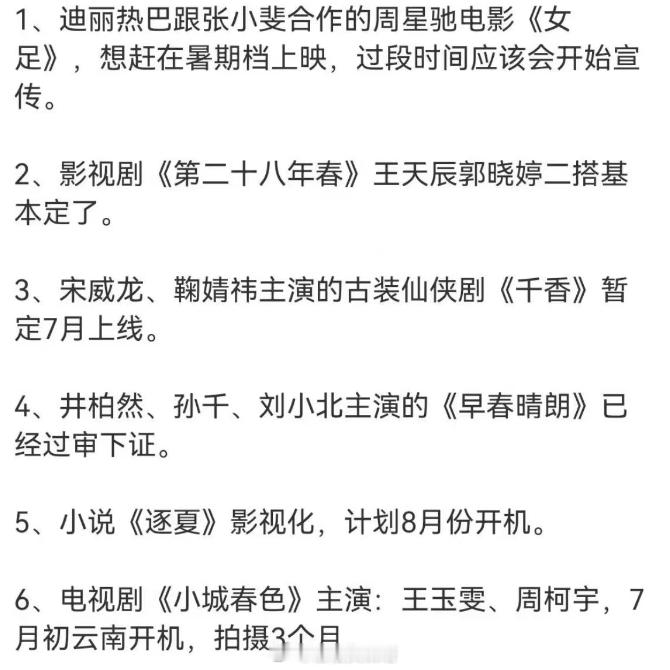 娱乐小🍉🈶1、迪丽热巴跟张小斐合作的周星驰电影《女足》，想赶在暑期档上映，过