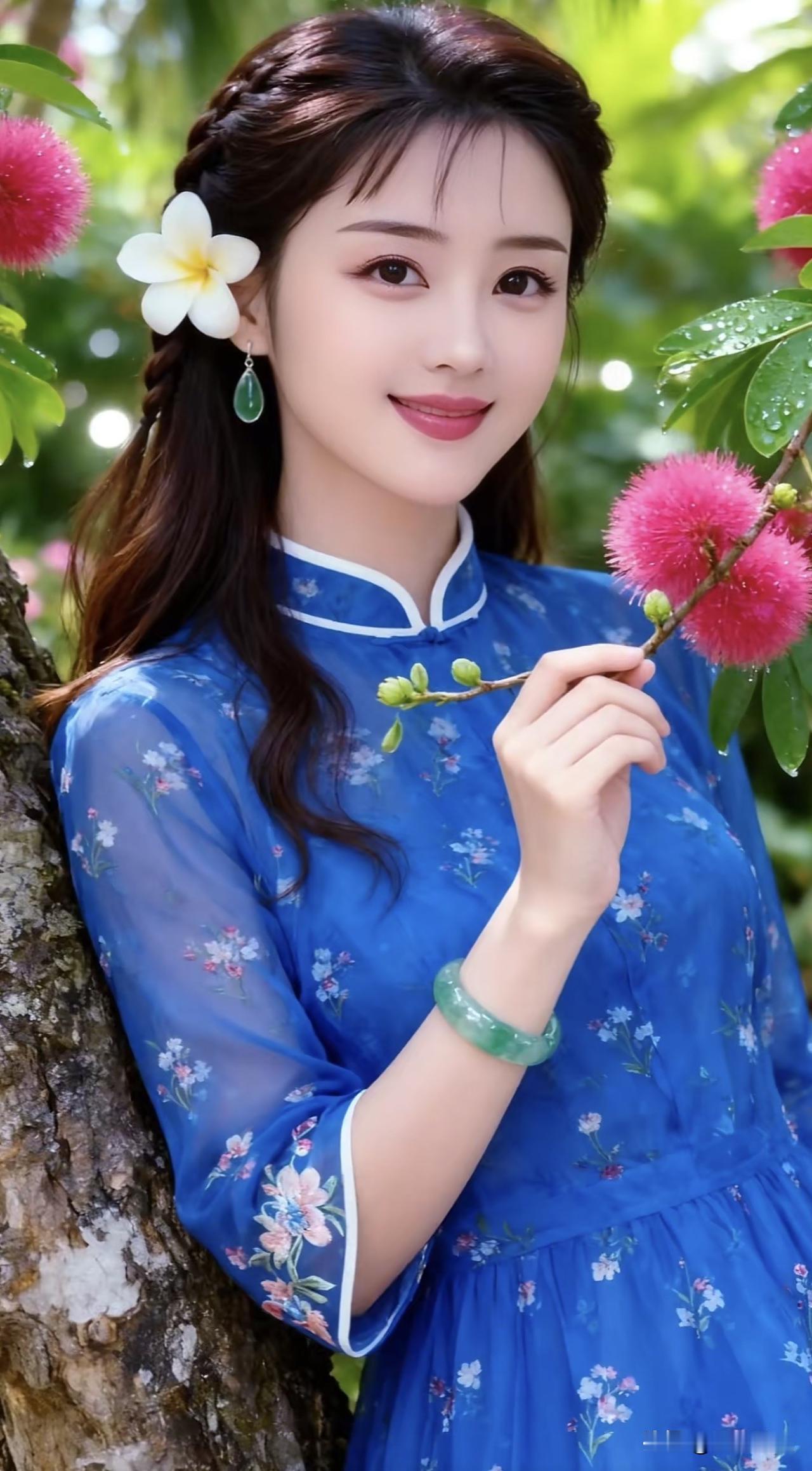 春日花海中的蓝衣少女，温柔微笑，如梦如幻。🌸💙紫色花海少女 阳光白裙少女 花