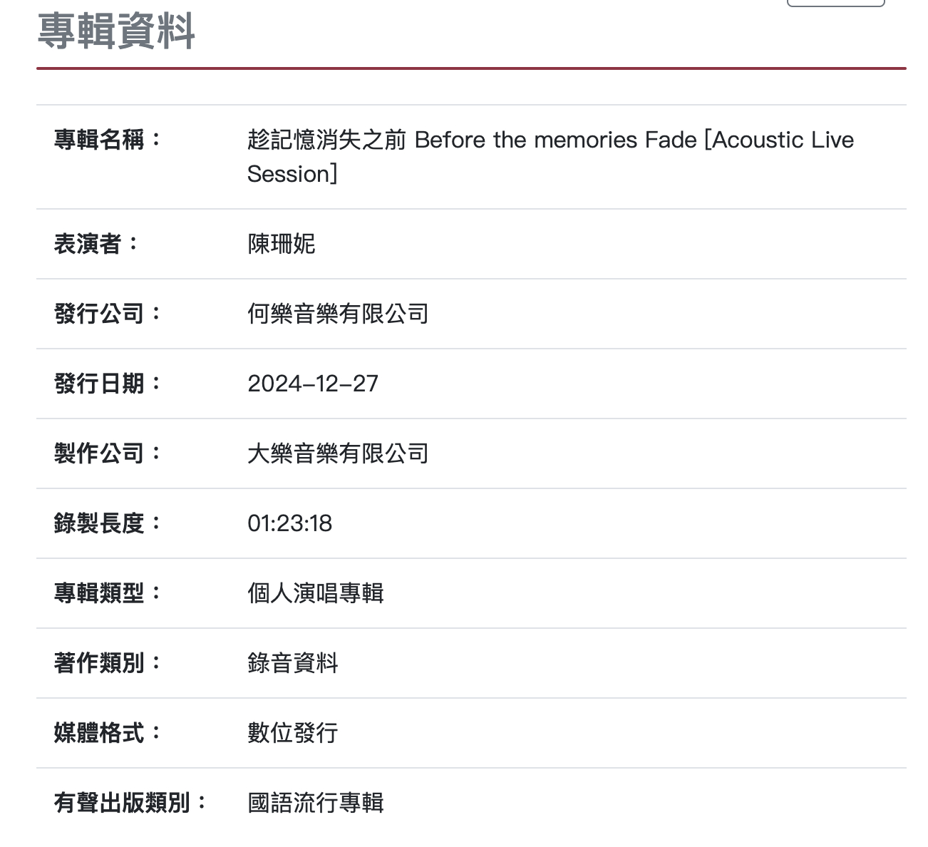 陈珊妮将在12月27号发行现场录音专辑《趁记忆消失之前》！《趁记忆消失之前》是4