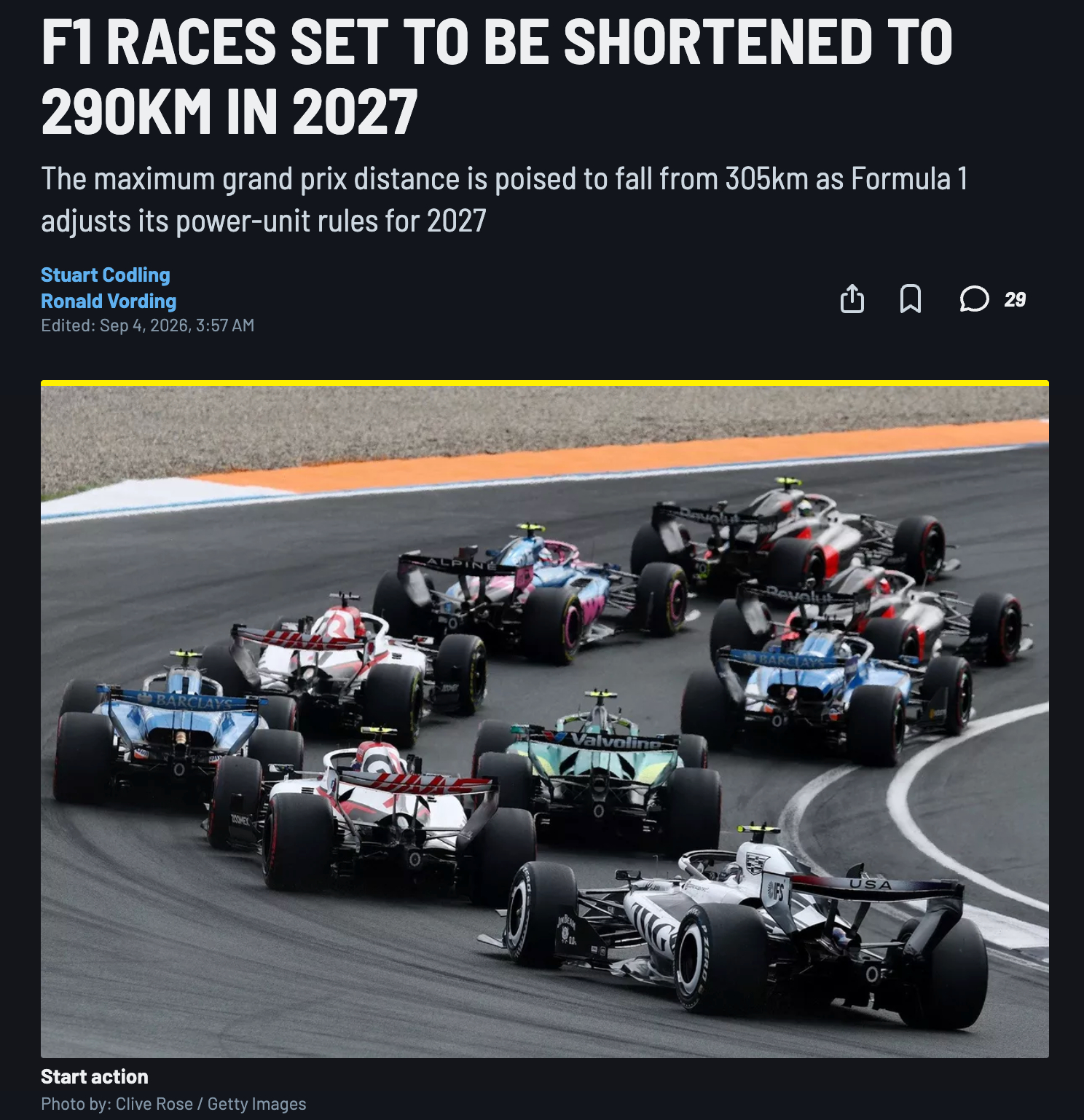 2027赛季F1正赛的比赛里程将从305km缩减至290km。这项提案于上周提交