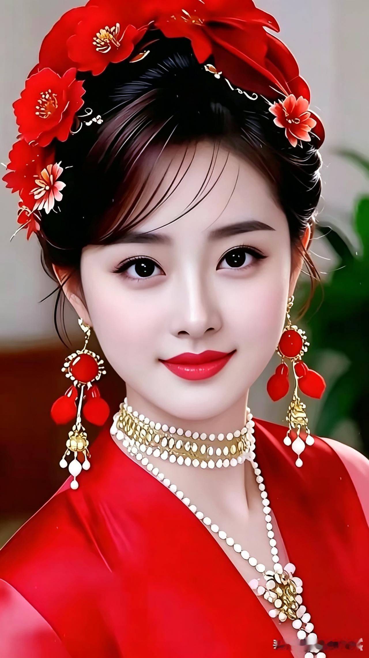 红衣新妇貌绝伦，头插娇花映鬓云。
耳珰轻晃添妍媚，秋波含笑韵尤深。
肌肤胜雪颜如
