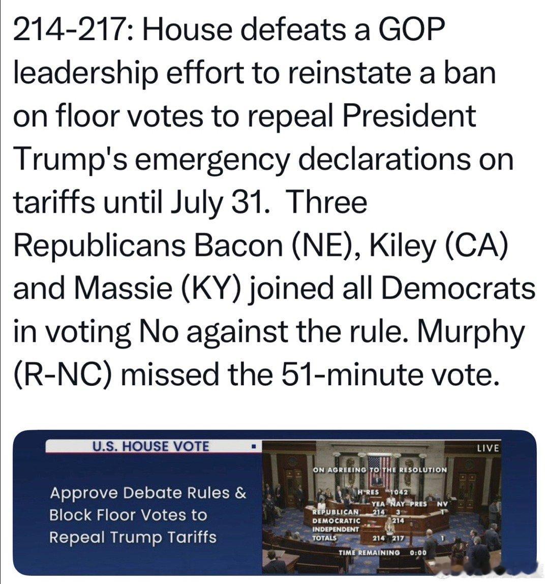 众议院民主党，计划通过立法，推翻新增的关税众议长想通过程序投票，阻止他们，214