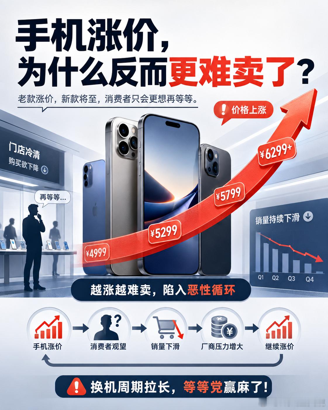 手机涨价 卖不动恶性循环，谁都得不着好。新品刚发布，配置升级、成本变化，贵个几百