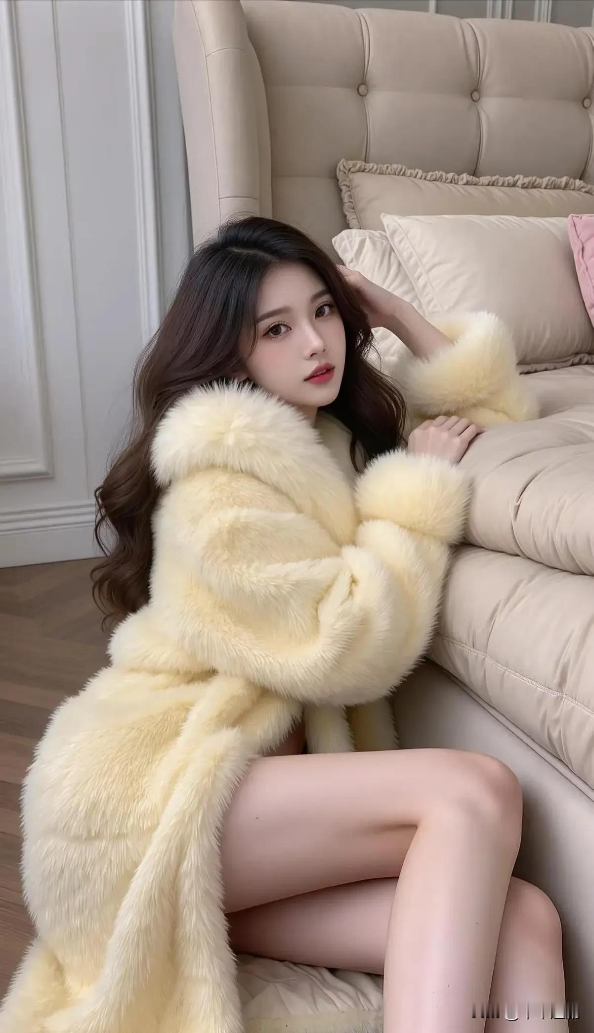 如何成为一个时尚的女孩?
奶黄皮草衬着轻奢卧榻，卷发垂落揉出贵气又慵懒的氛围感?