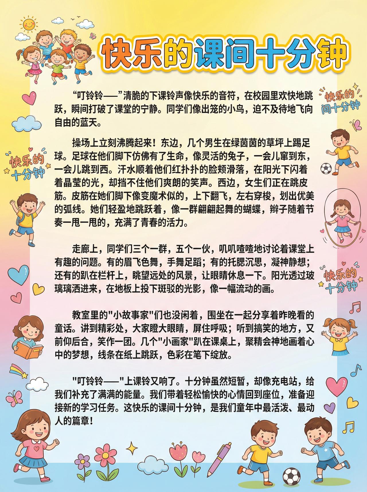每日晨读美文：《快乐的课间十分钟》

"叮铃铃——"清脆的下课铃声像快乐的音符，