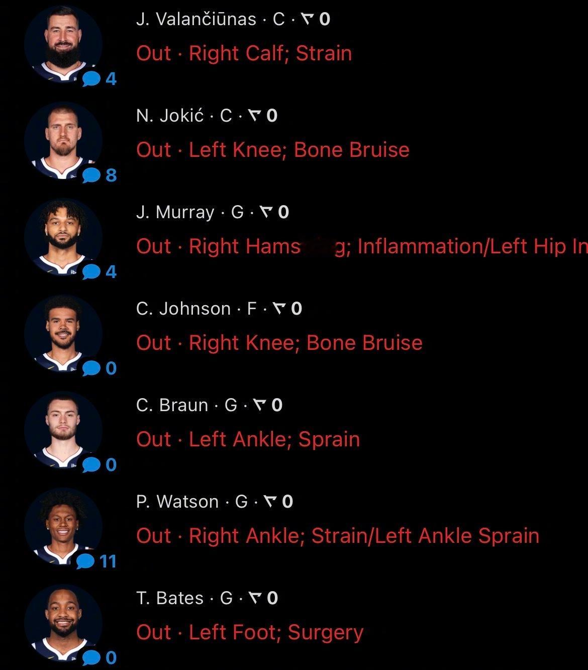 掘金队缺了约基奇、穆雷、约翰逊、布劳恩、沃特森、瓦兰，主力就戈登在打。这样的情况