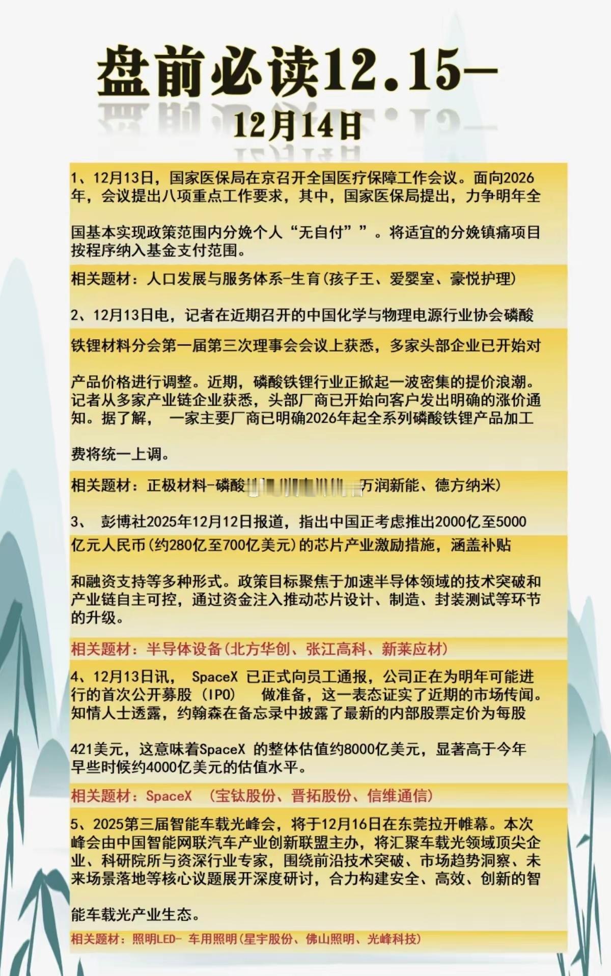 12月15日周一盘前财经热点前瞻新一周开盘在即，多个领域政策与产业动态值得重点关