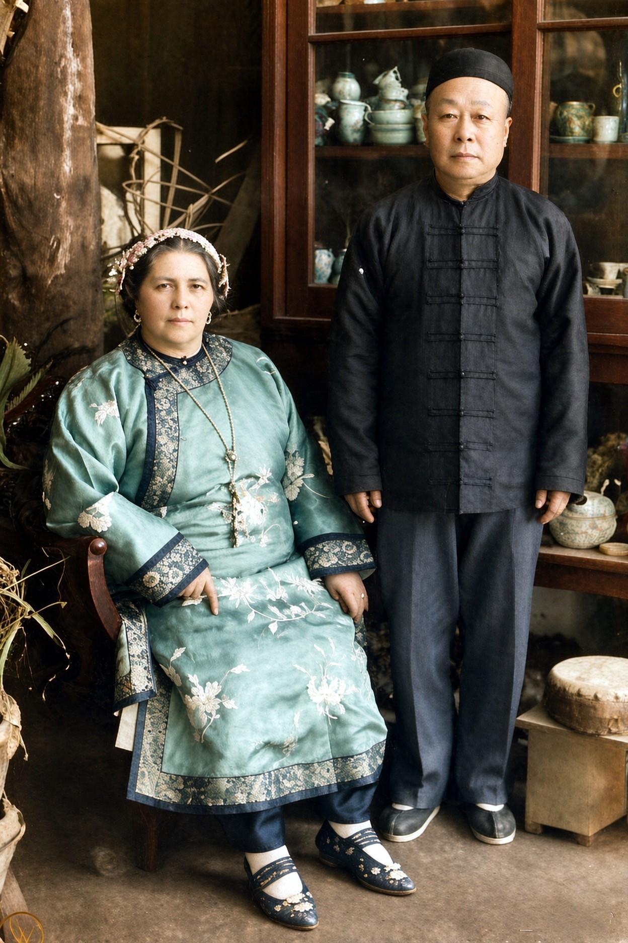 1910年，美国旧金山唐人街，黄孙悦与他洋人妻子的合影，这对当时的唐人街上颇有名