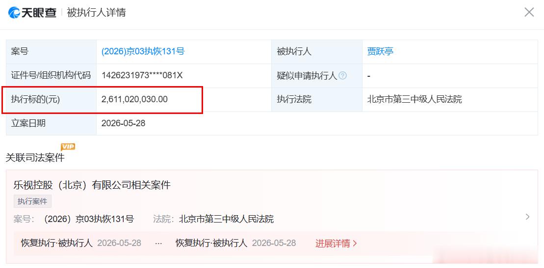 天眼查法律诉讼信息显示，近日，乐视控股（北京）有限公司、贾跃亭新增一则恢复执行信