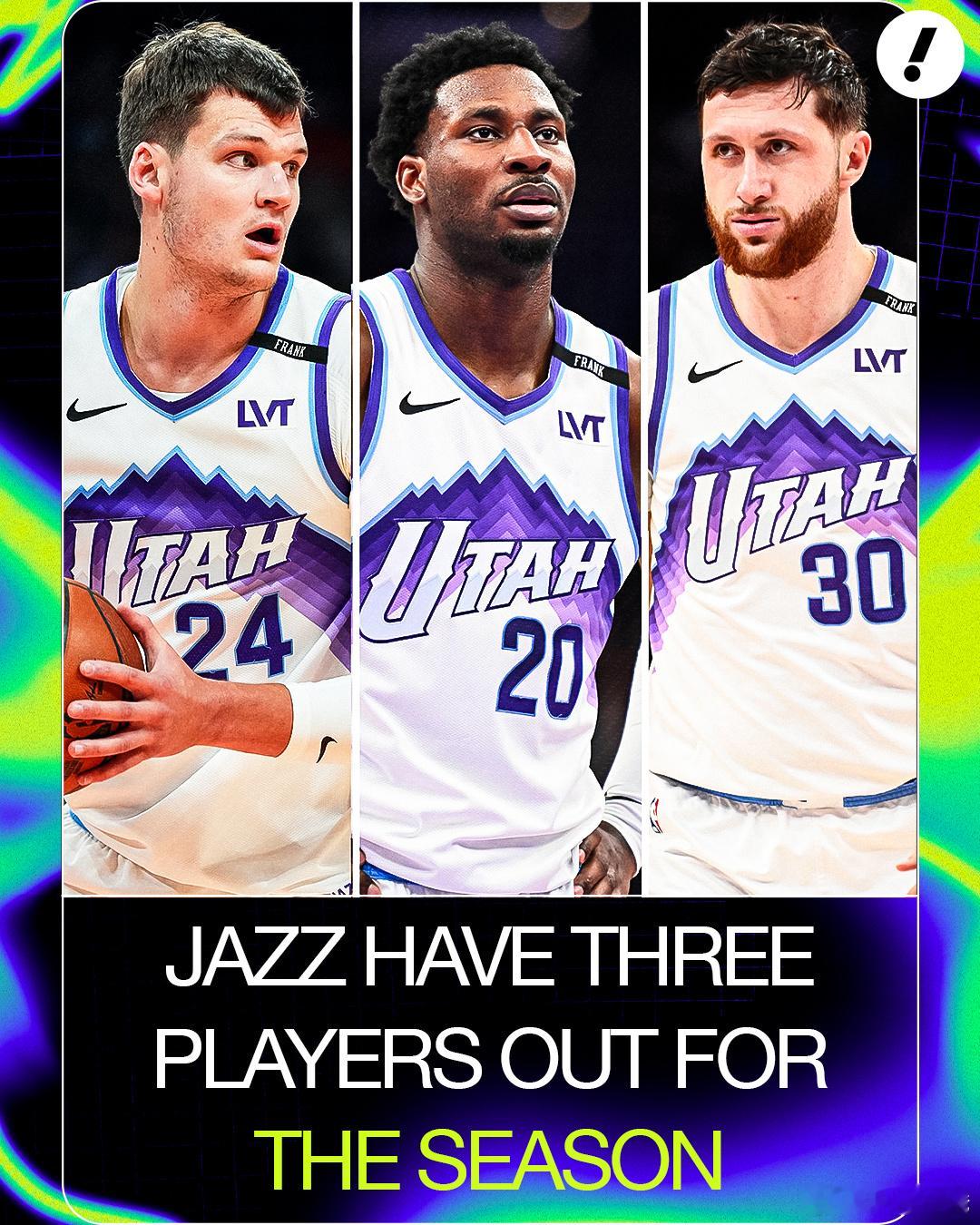 努尔基奇将接受鼻部手术，赛季报销。爵士这可真是…三个中锋，全部赛季报销努尔基奇赛