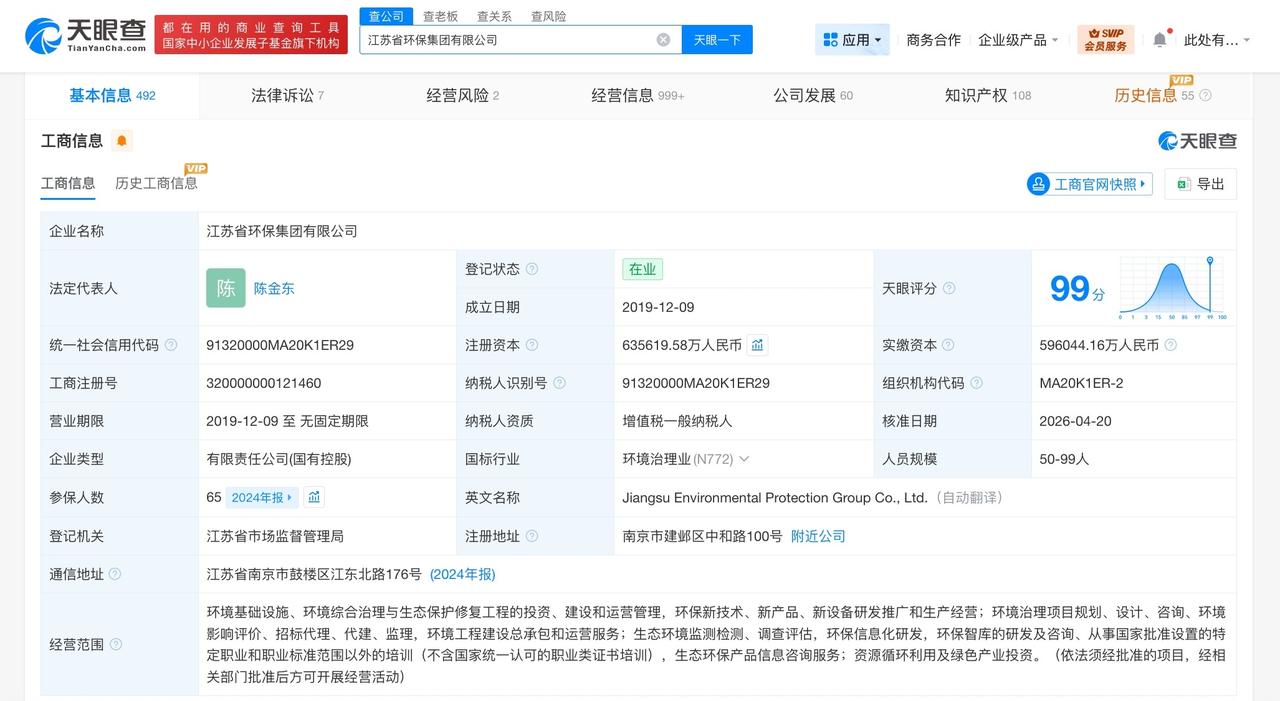江苏省环保集团增资至63.6亿 增幅约6%

天眼查App显示，近日，江苏省环保