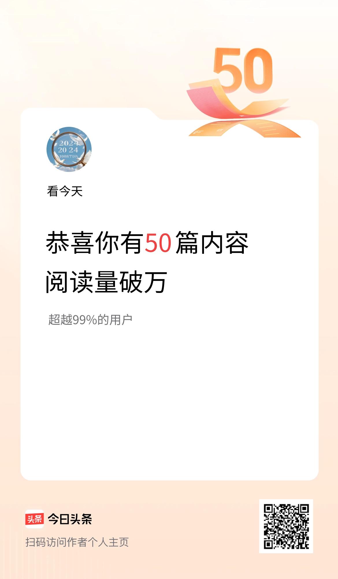 我在头条有50篇内容阅读破万了！