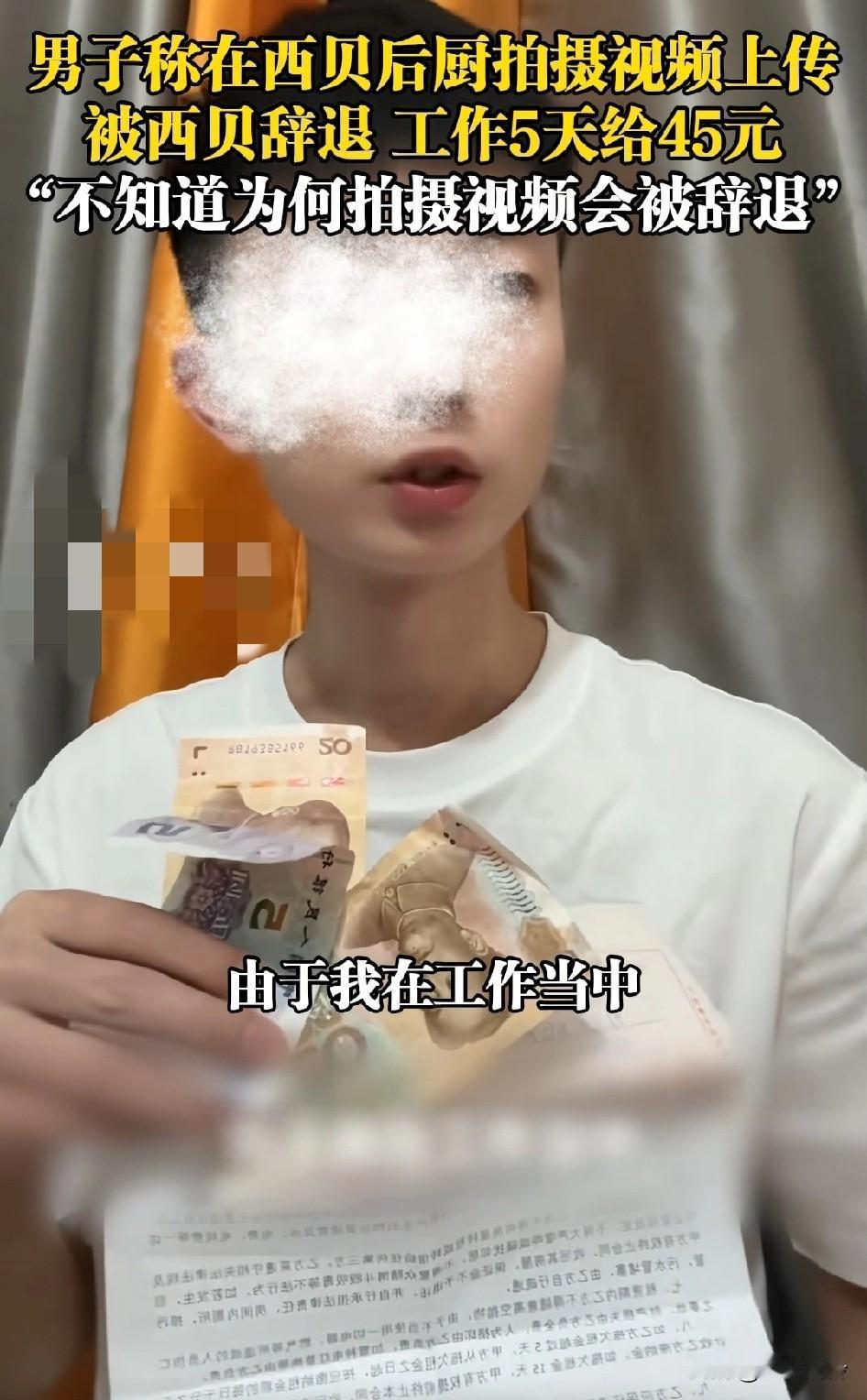 西贝员工在西贝后厨拍摄视频上传，被辞退，工作5天仅给45元工资，估计是卧底吧？