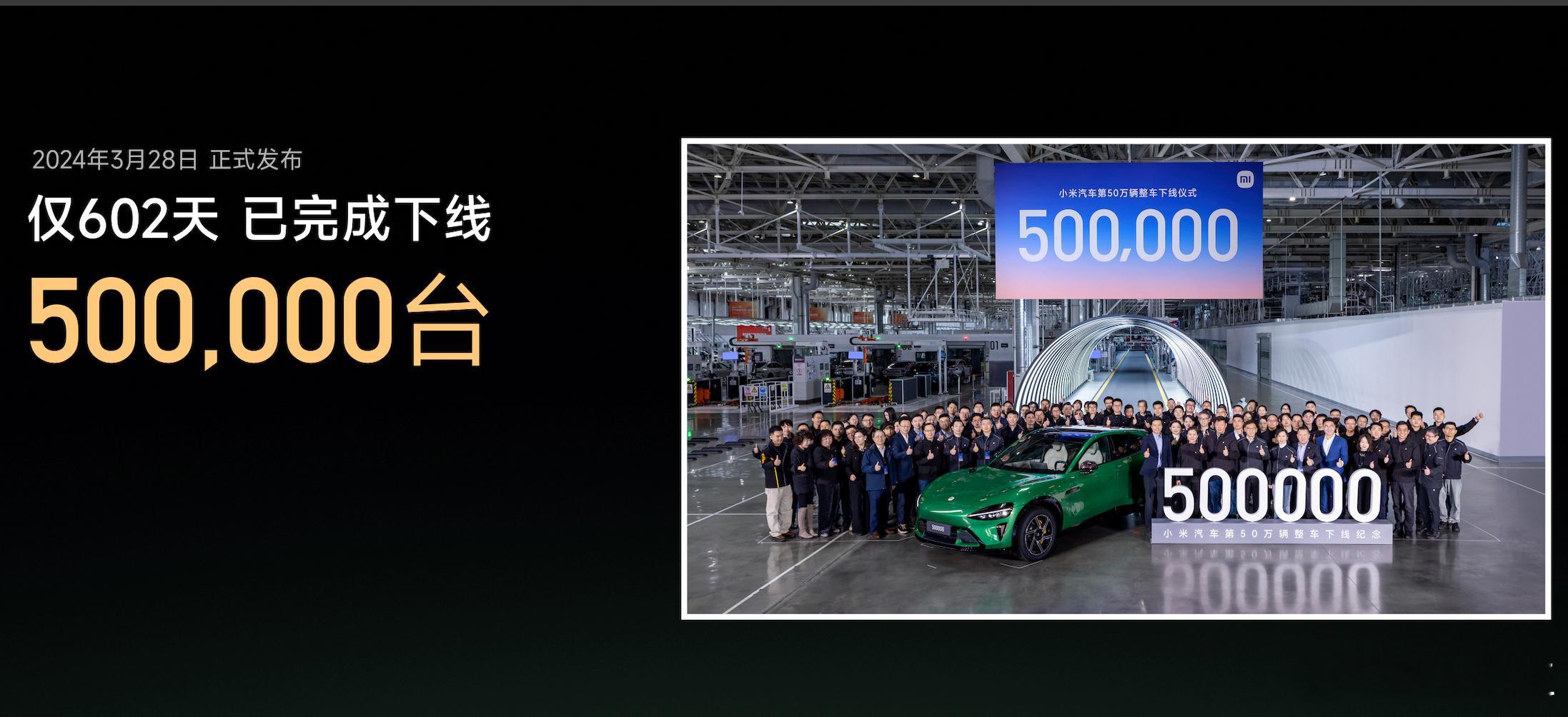 24年3月28日小米SU7发布，到25年11月20日，602天50万辆下线，手机