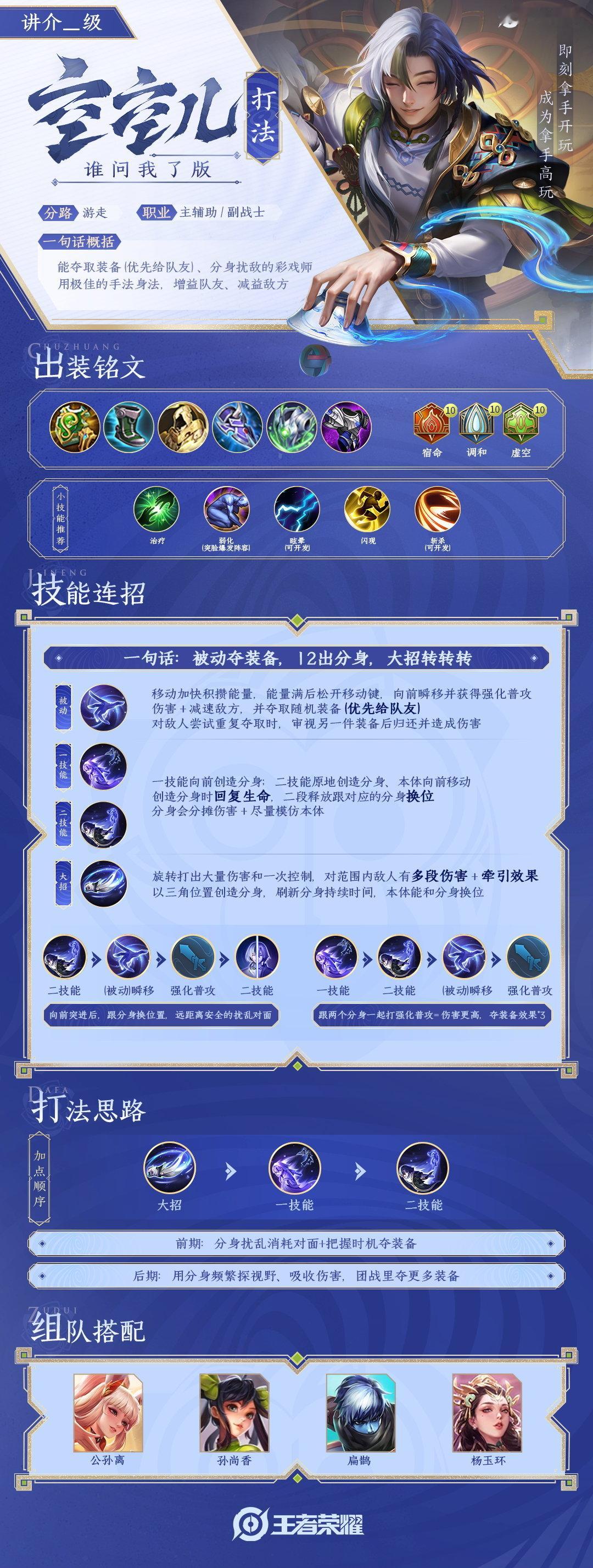 来啦来啦，王者荣耀新英雄空空儿的玩法攻略铭文装备建议以及适配队友，技能先后建议希