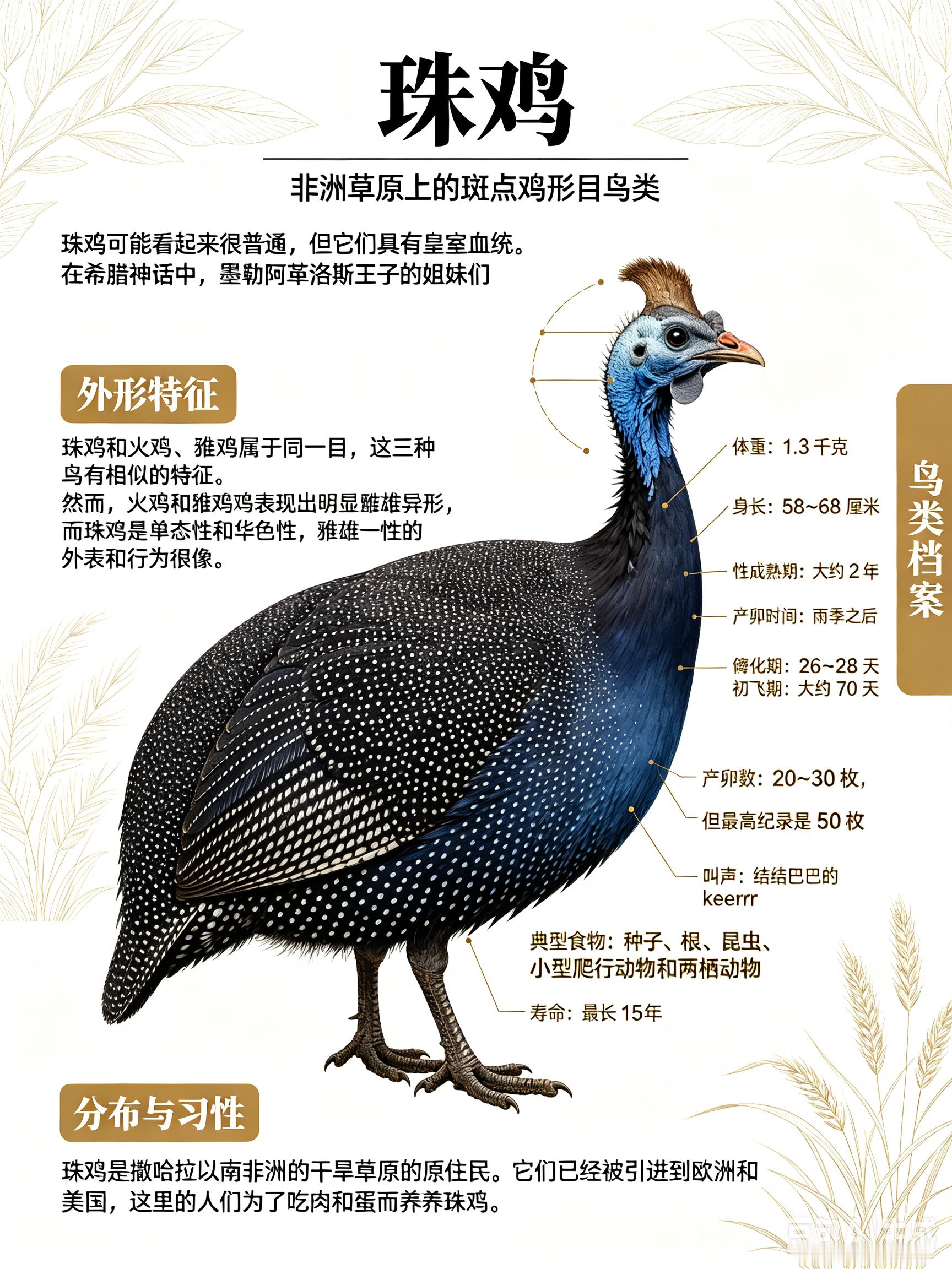 鸟类朋友图鉴 珠鸡珠鸡可能看起来很普通，但它们具有皇室血统。在希腊神话中，墨勒阿