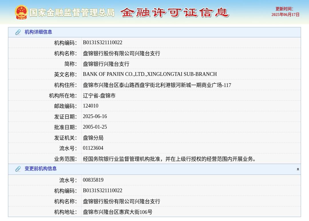 盘锦银行股份有限公司兴隆台支行换发金融许可证, 发证日期2025年6月16日