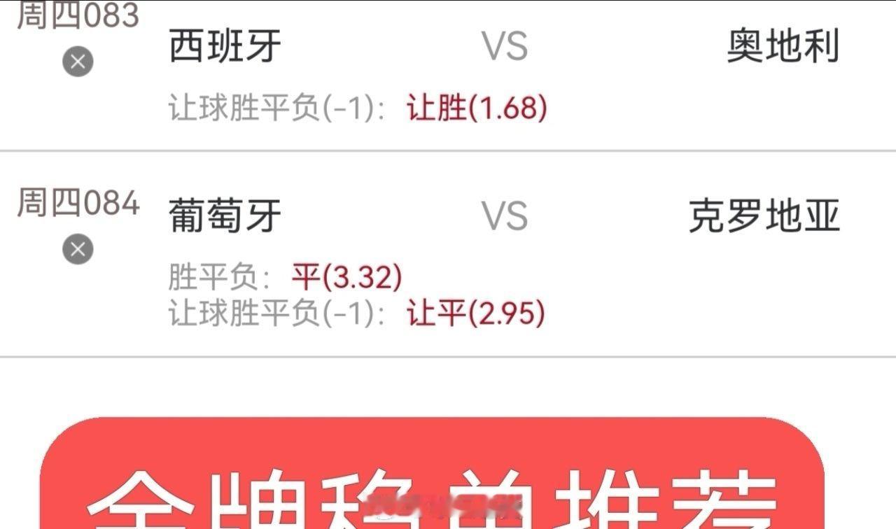 今日内部实战分享，同路的朋友跟上西班牙vs奥地利葡萄牙vs克罗地亚