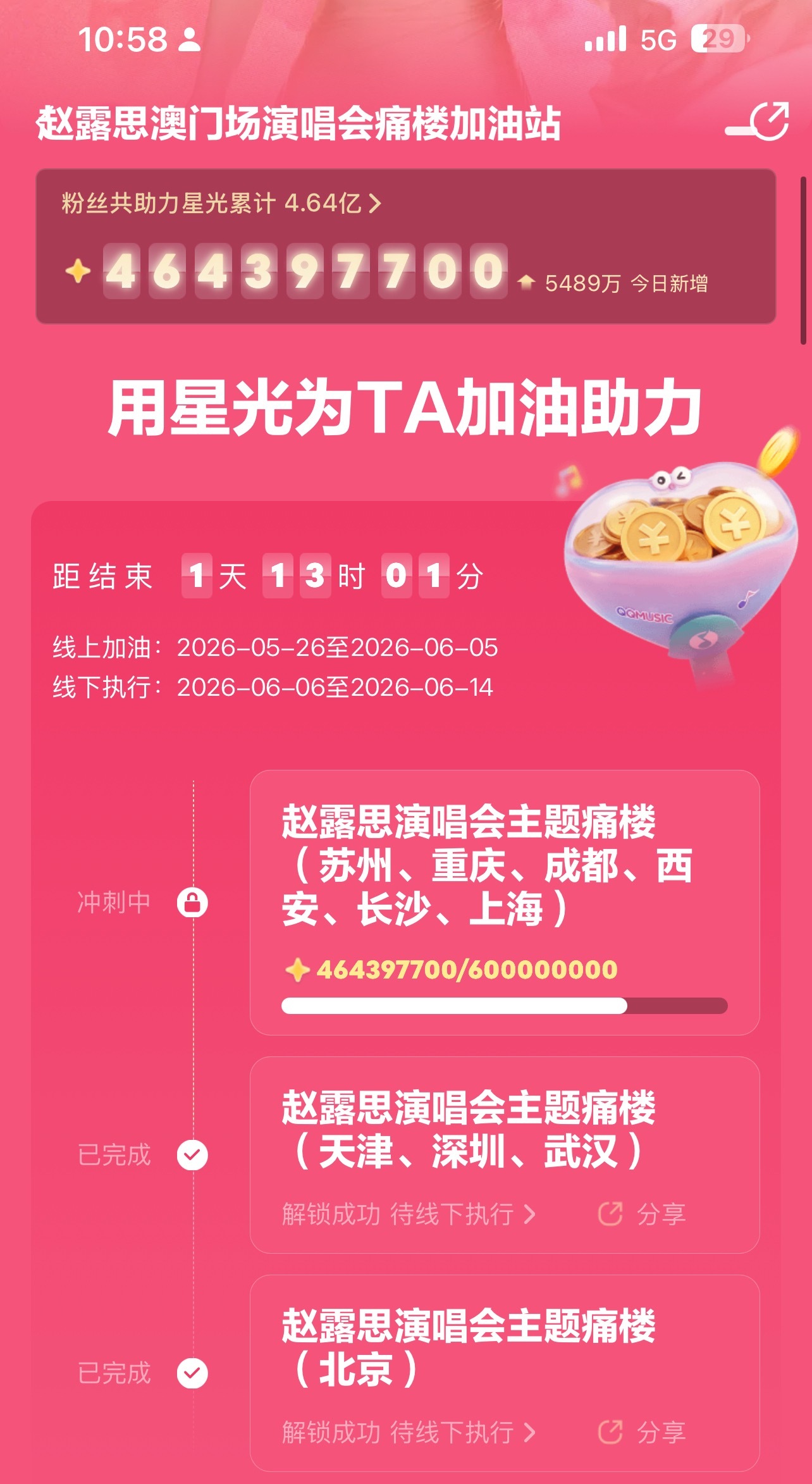 赵露思澳门演唱会痛楼解锁还剩一天！任务进度完成76%！大家再来加油做一把！这个任