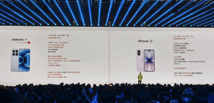雷军比较小米17和iPhone17雷军在演讲里重点对比了小米17和iPhone 