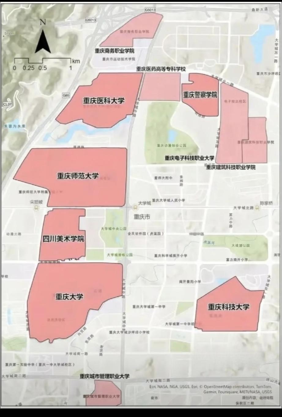 看重庆大学城高校分布图，我狠狠破防了😭
重科大独自坐拥一片区域。
重大、重师、