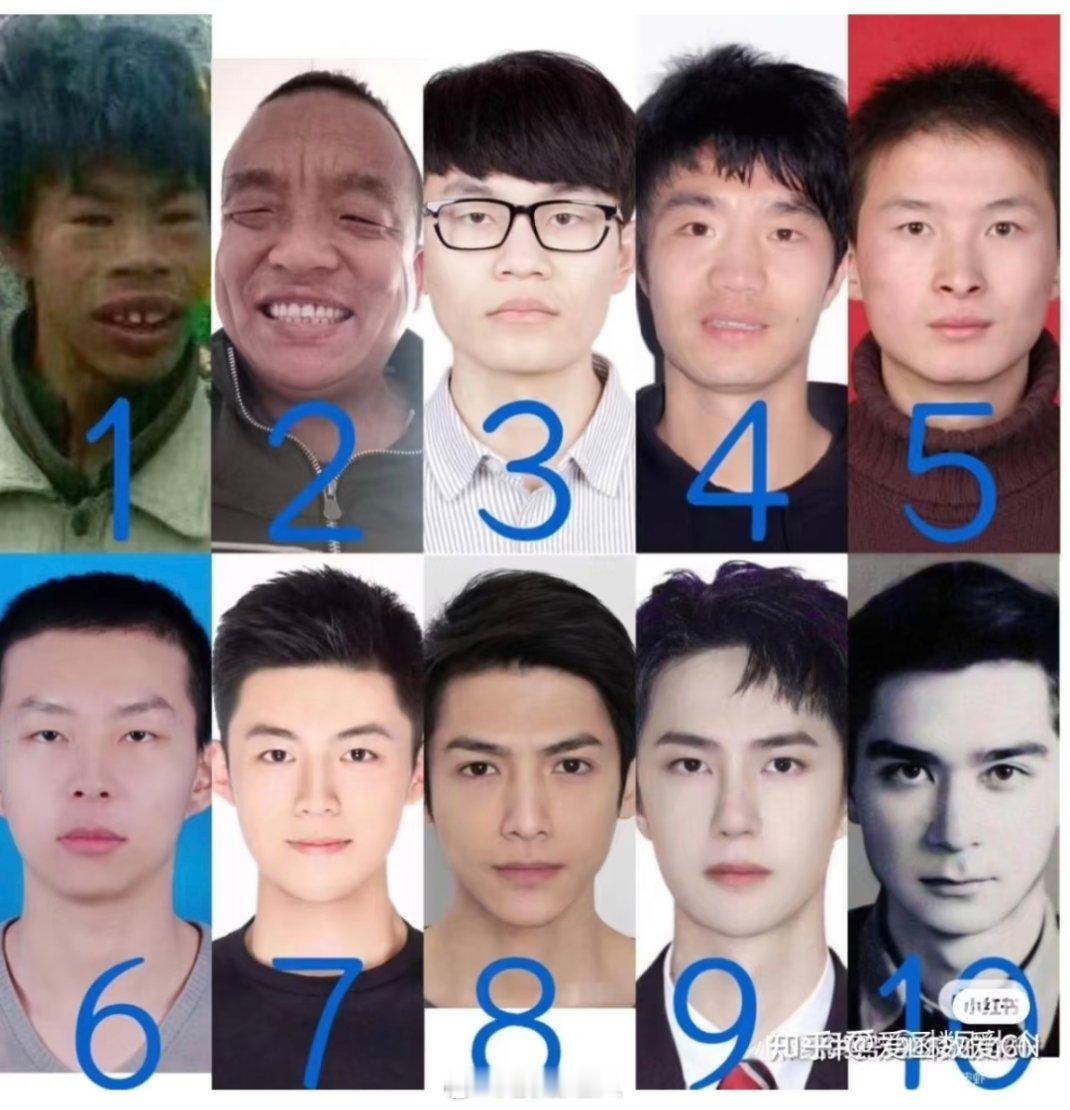 图为男生版的1-10分颜值对照图和女生版的1-9分颜值对照图，要我说当男的也太爽