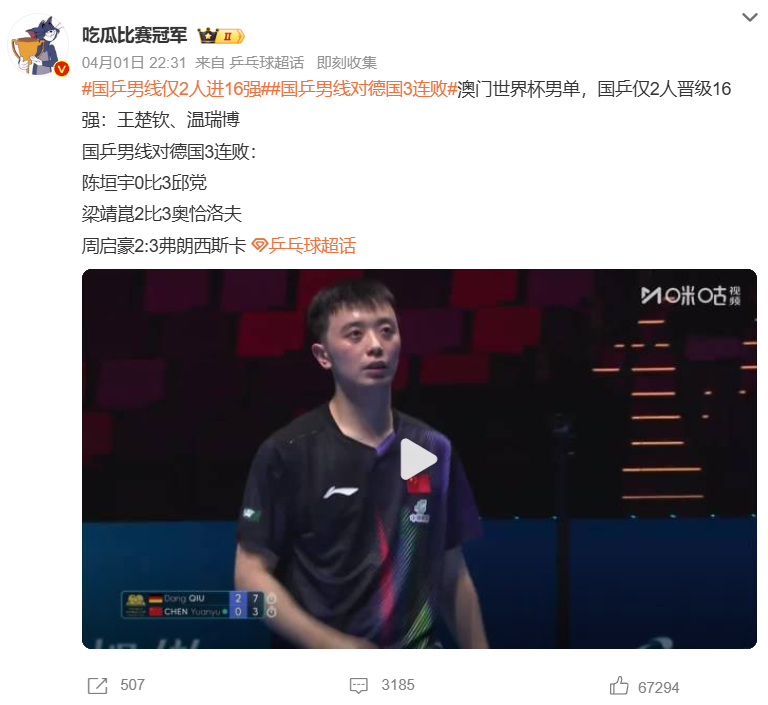 国乒男线仅2人进16强国乒男线对德国3连败 澳门世界杯男单赛场，国乒仅王楚钦、温