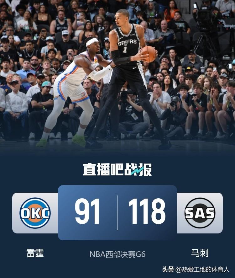 NBA西决迎来“抢七大战”
马刺主场118:91大胜雷霆大比分扳为3:3平
文班