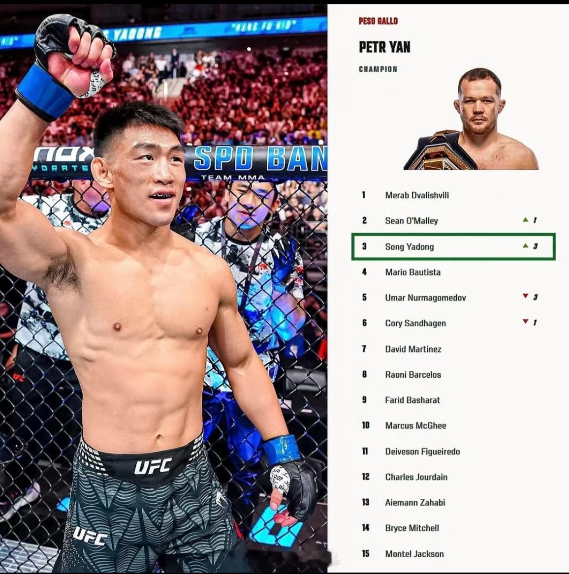 【宋亚东回应升至UFC世界第三】9月2日，宋亚东晒UFC排名图发文：世界排名第三