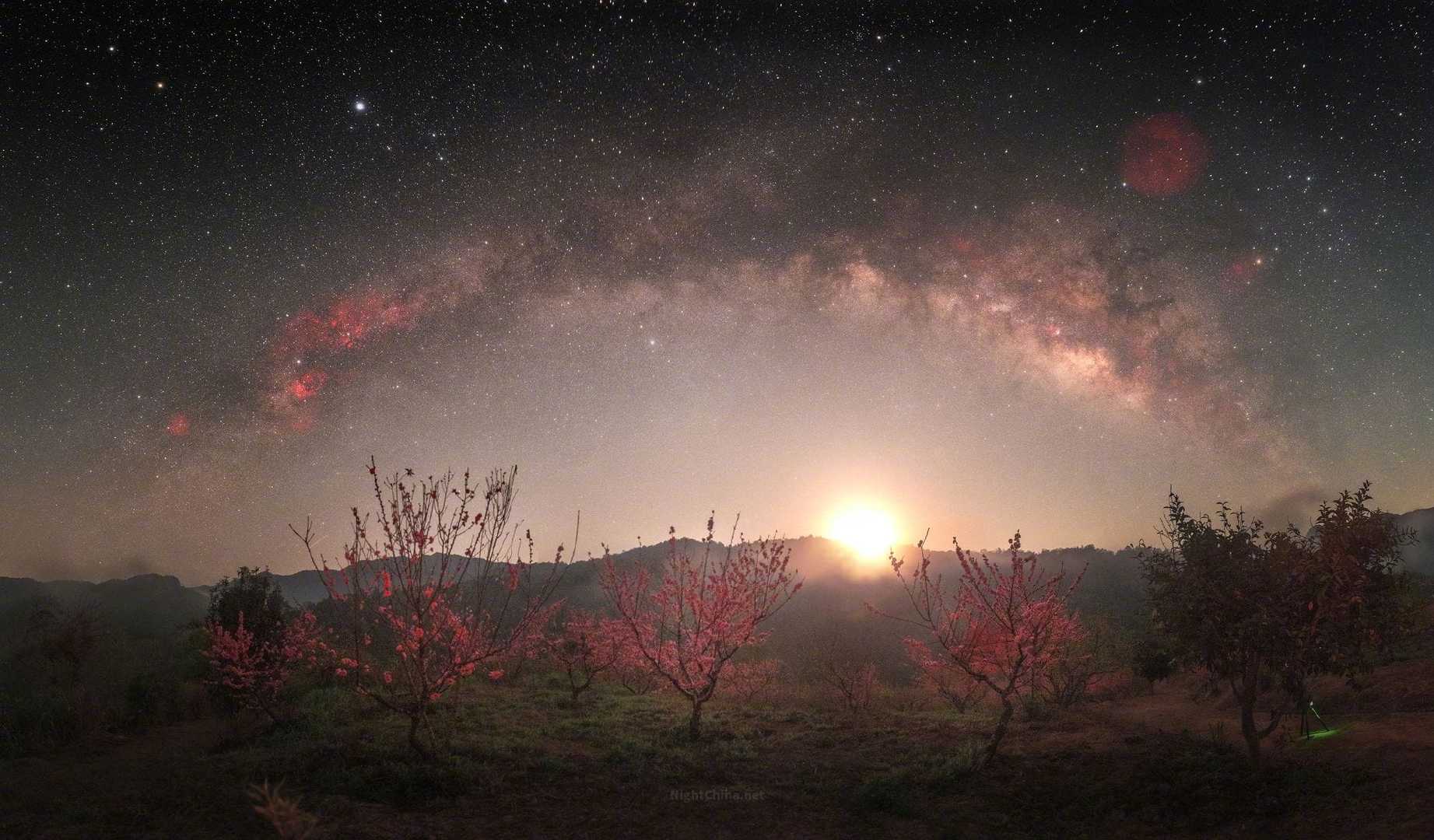 银河在春夜里拱起一道完整的弧，恰好把整片桃园罩进怀里。月光从山脊那边漫溢而来，把