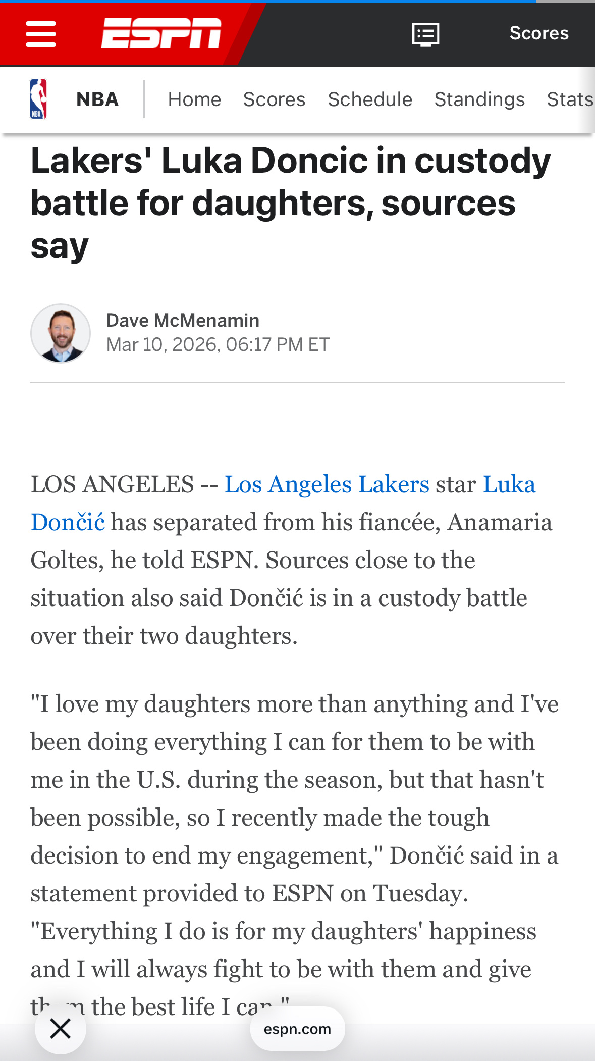 东契奇向ESPN证实，自己已与阿娜分手，目前正在争夺两个女儿的抚养权。他说：“我