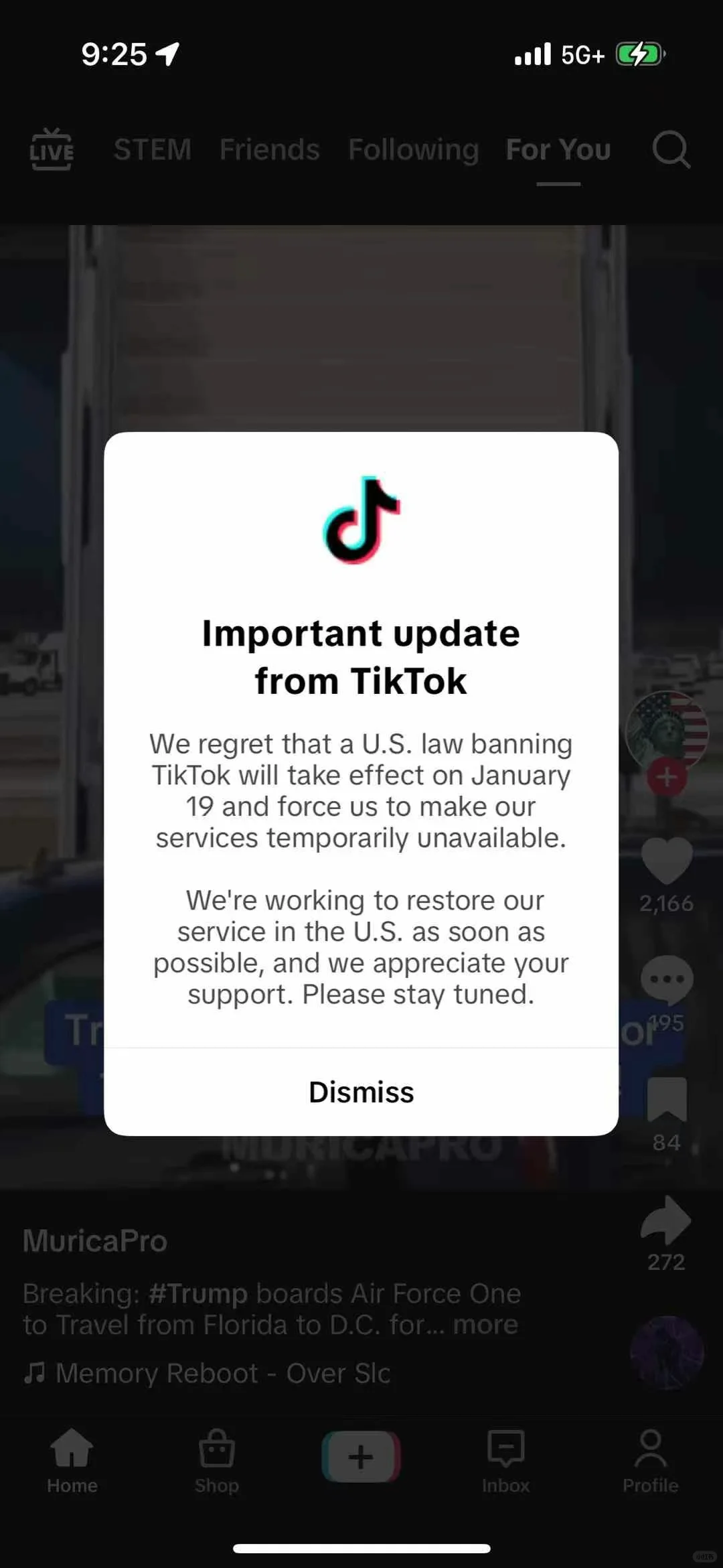 TikTok通知美国用户将暂停服务