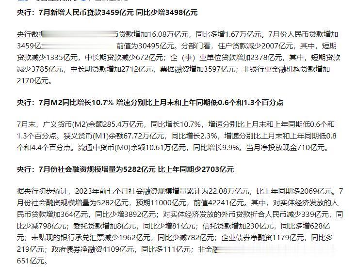 7 月社融规模增量 5282 亿元，M2 同比增 10.7%，新增人民币贷款 3