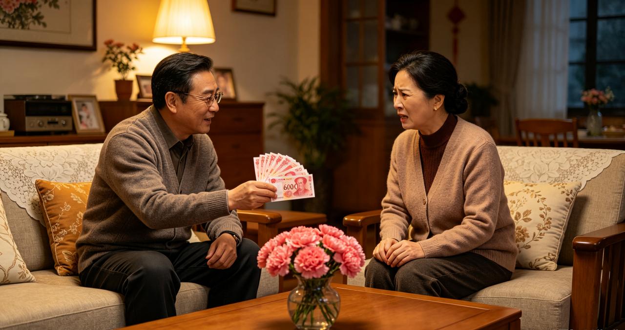 丈夫从银行取回6000元，对妻子说：“你妈我妈，一人3000 ，一碗水端平”，结