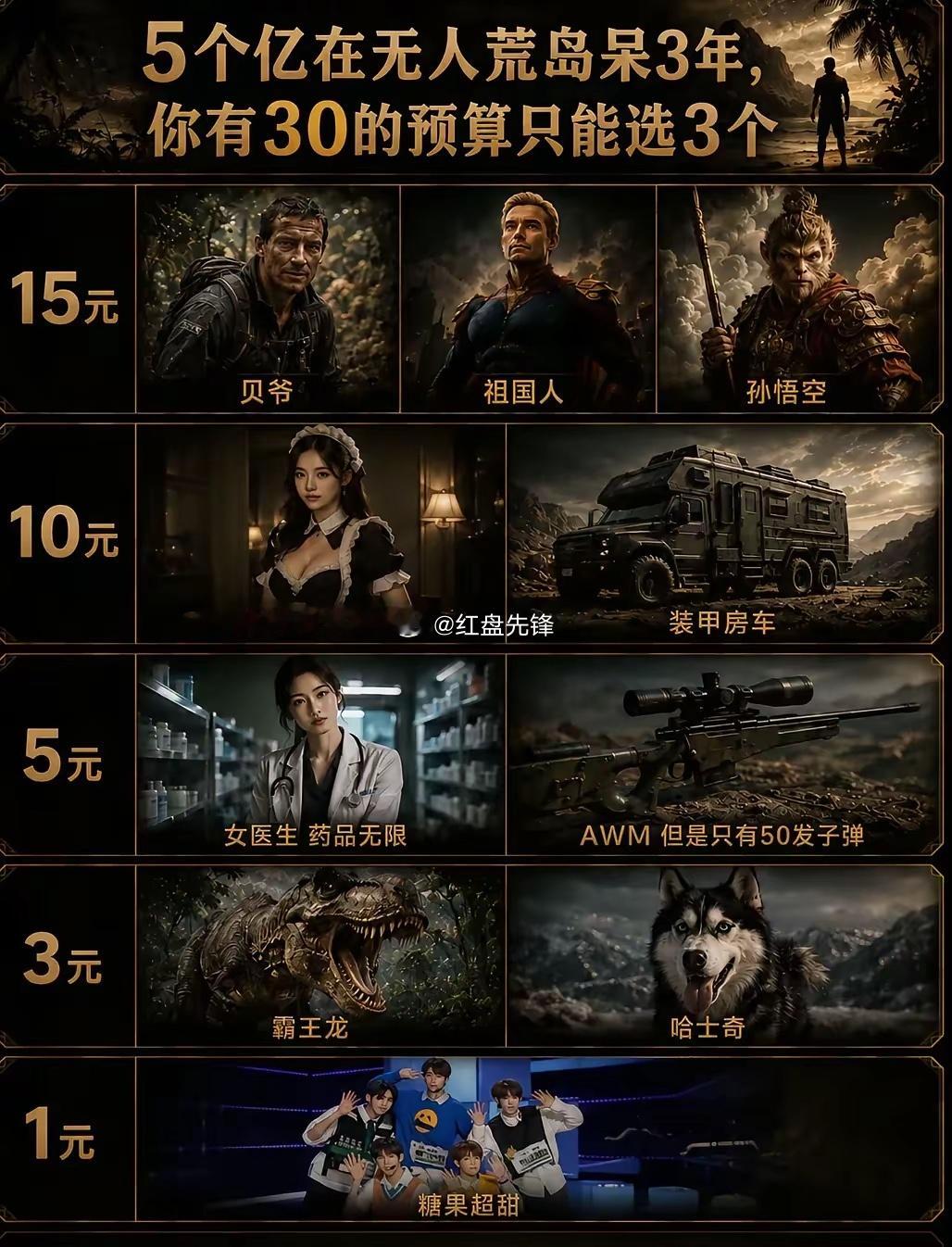 如果给你5个亿，让你在无人荒岛呆三年，只能带三样东西你会怎么选？ 
