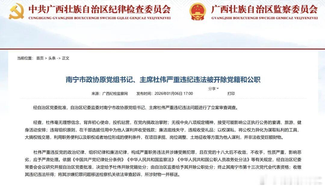 南宁市政协原党组书记、主席杜伟严重违纪违法被“双开”经广西壮族自治区党委批准，自