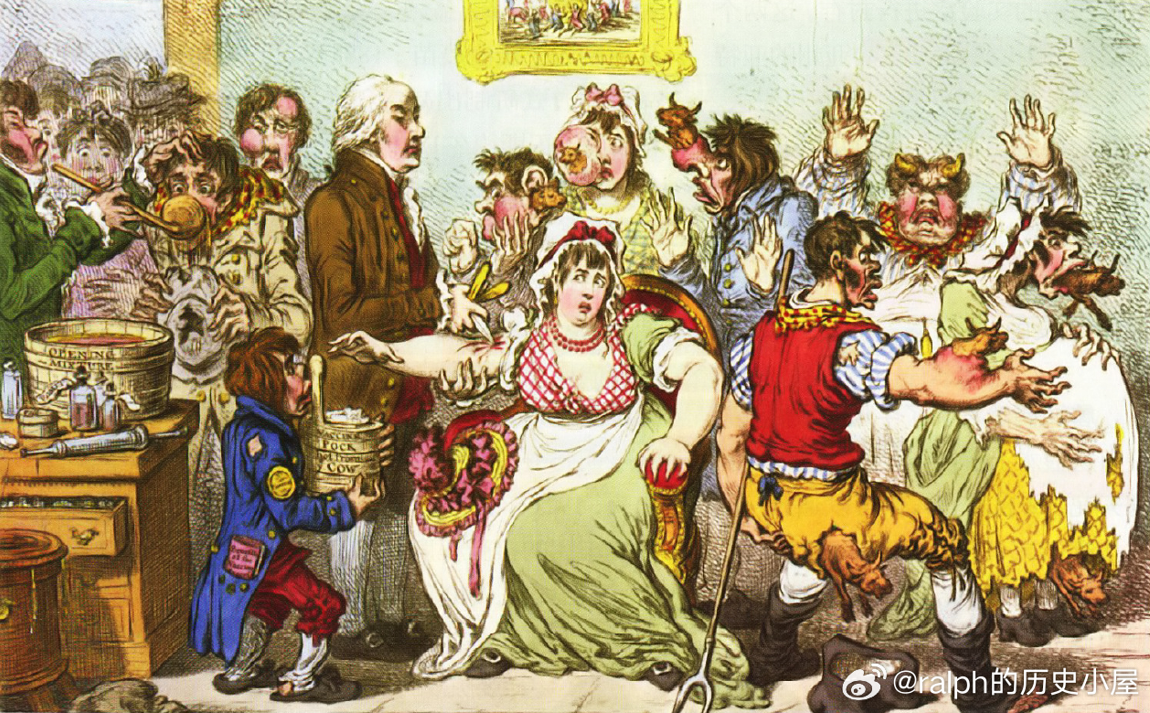 1802年英国画家詹姆斯-吉尔雷的讽刺漫画，表现了牛痘疫苗发明之初，社会上对于“