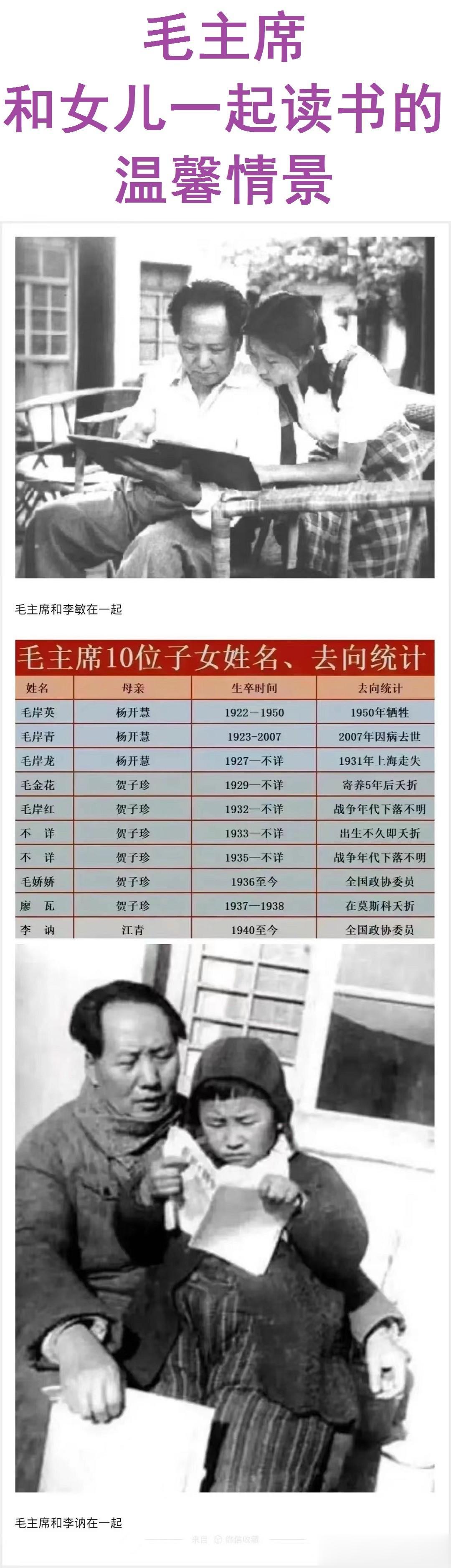毛主席和女儿一起读书的情景。
毛主席的两个女儿为什么姓李？叫李敏和李讷？
因为毛