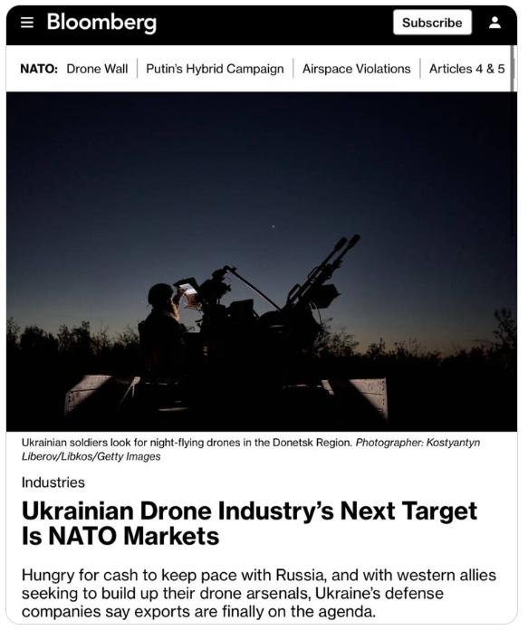 【彭博社报道：乌克兰无人机产业的下一个目标——北约市场】据该媒体报道，乌克兰目前