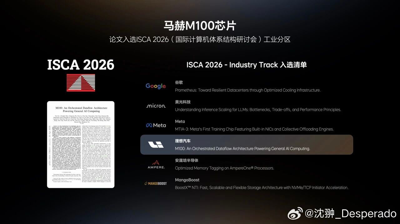 近日，理想汽车登台ISCA 2026，发表题为《马赫M100：面向通用AI计算的