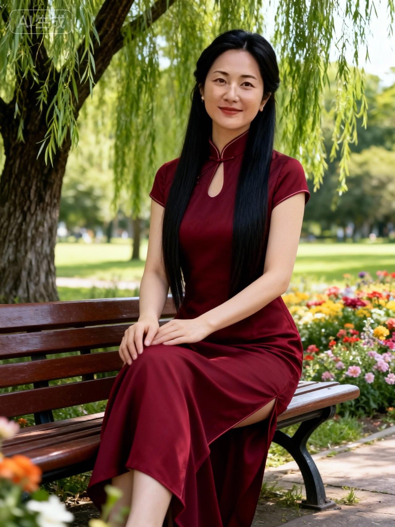 优雅红裙，静坐公园长椅，享受美好时光。🌸🍃