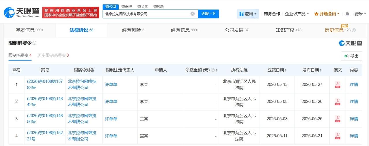 拉勾网及创始人再次被限消
拉勾网及创始人因32万案款被限消
天眼查法律诉讼信息显