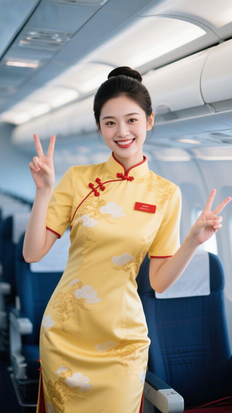 《黄衫载满舱中暖》
 
机舱柔光轻覆明黄裙衫，云纹绣在衣料上漾着雅致，朱红盘扣衬