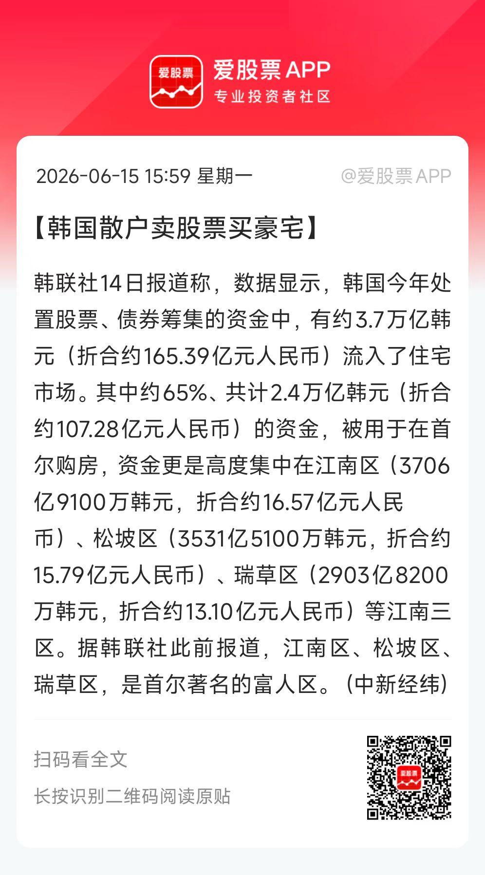 韩国股民在股市赚了钱，第一件事就是卖股票买豪宅！果然炒股的尽头是买房。

国内也